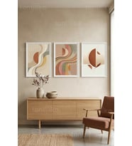 Sakin Toprak Tonlarında Modern Soyut Sanat 3’lü Ahşap Çerçeveli Tablo Seti