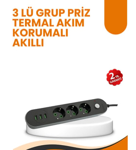 2 Metre Kablolu 3 USB Portlu Anahtarlı Üçlü Priz