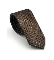 Gri Desenli Kahverengi Dokuma Kumaş Mendilli Slim Fit Kravat // SDK-2602-4