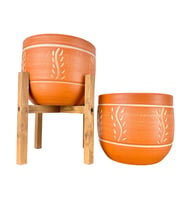 Bitki Tasarımı Ev Dekorasyon Nakış Desenli Toprak Saksı Saksılık Salon Çiçeklik İkili Set Ayaksız - 4 Ayaklı- 19 CM