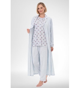 Mecit 6317 Mavi Kadın Büyük Beden Sabahlıklı Pijama Takımı