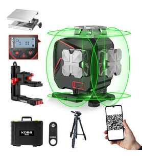 KOBB KBL36GTP Profesyonel Li-ion Şarjlı 4X360⁰ LCD Ekran Otomatik Hizalamalı Yeşil Çapraz Çizgi Lazer Distomat+Tripod