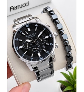 Ferrucci İç Fonksiyonları Aktif 30mt Suya Dayanıklı Çelik Kordon + Bileklik Hediyeli Erkek Kol Saati VS.BLKT.0958
