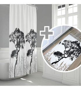 Ağaç Desen Banyo Perde+Paspas Seti-Kaymaz Taban Kapı Önü Paspas Seti-180x200 cm Banyo Perdesi Seti (Çok Renkli)