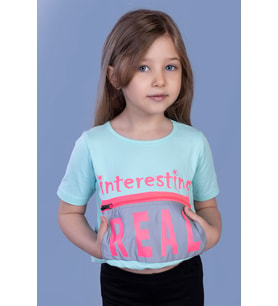 Toontoy Kız Çocuk Crop Model Cebi Reflektör Detaylı Baskılı Tişört (Mint Yeşili)