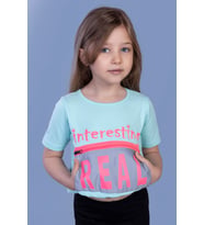 Toontoy Kız Çocuk Crop Model Cebi Reflektör Detaylı Baskılı Tişört (Mint Yeşili)