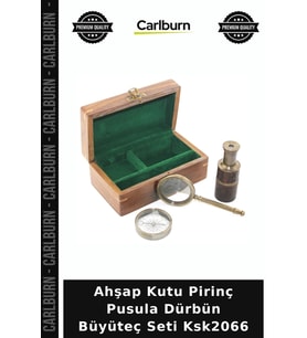 Özel Üretim Koleksiyon Dekoratif Denizcilik Ahşap Kutu Pirinç Pusula, Dürbün, Büyüteç, Seti Ksk2066