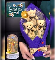 Büyük Boy Mor Ayıcık Buketi ve Led Işıklı Tasarım Fanus Seti (Model 2)