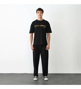 Unisex Bisiklet Yaka Baskılı Oversize T-Shirt - Siyah