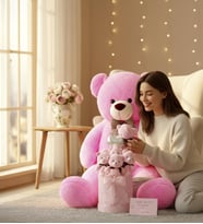 Premium 90 cm Peluş Ayı ve Silindir Pembe Kalpli Kutuda, Kalpli Balonlu 6’lı Pembe Ayıcık Buketi (Fuşya)