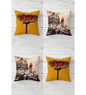 Turuncu Papatya Ve Kuş Kafesi Vintage Gizli Fermuar Kırlent Kılıfı Koltuk Yastık Kılıfı Takım(4adet)