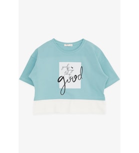 Breeze Kız Çocuk Crop Tişört Yazı Baskılı Yanları Yırtmaçlı 9-14 Yaş, Mint Yeşili