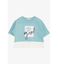 Breeze Kız Çocuk Crop Tişört Yazı Baskılı Yanları Yırtmaçlı 9-14 Yaş, Mint Yeşili