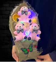 Renkli Led Işıklı Pembe Ayıcıklı Premium Peluş Ayıcık Buketi (Model 1)