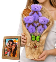 Peluş Ayıcık Buketi Hediyesi Ahşap Fotoğraf Çerçeveli Büyük Boy Mor Peluş Ayıcık Buketi