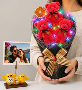 Kişiye Özel Fotoğraflı Renkli LED Işıklı Fuşya Peluş Ayıcık Buketi ve Baykuş Fotoğraf Tutucu