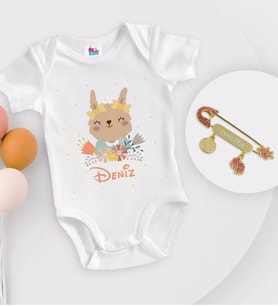 BK Kids Kişiye Özel İsimli Beyaz Bebek Body Zıbın ve Kız Bebek İğnesi Hediye Seti-14