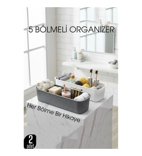 5 Bölmeli Banyo ve Makyaj Organizer Kutusu Gri & Beyaz 2 li Set  Tezgah Üstü Düzenleyici