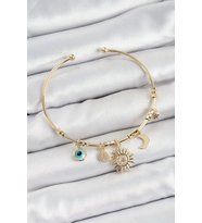 Pirinç Zirkon Taşlı Güneş Ay Nazar Model Gold Renk Charm Bileklik - TJ-BB7354