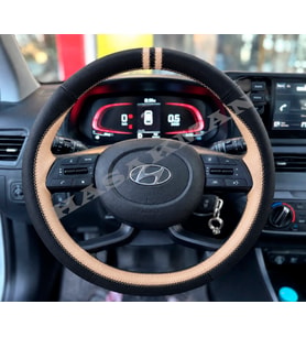 Hyundai i10 Dikme Direksiyon Kılıfı Parlak Siyah Bej Detaylı Bej Çift Yüzük ve Dikiş 2020-2026