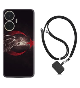 Realme C55 Kılıf Resimli Boyun Askılı İpli Desenli Silikon Kurt ve Ay Yıldız 1403