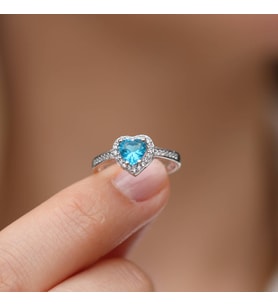 Aquamarine Mavi Taşlı Kalpli 925 Ayar Gümüş Bayan Yüzük, Sevgililer günü, Yıldönümü, Doğum Günü, Kalpli Yüzük
