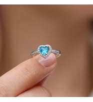 Aquamarine Mavi Taşlı Kalpli 925 Ayar Gümüş Bayan Yüzük, Sevgililer günü, Yıldönümü, Doğum Günü, Kalpli Yüzük