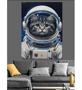 Astronot Kıyafetli Kedi Resmi Dekoratif Kanvas - Mdf Ahşap Tablo