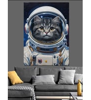 Astronot Kıyafetli Kedi Resmi Dekoratif Kanvas - Mdf Ahşap Tablo