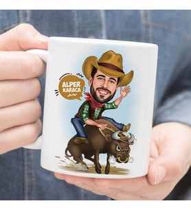 Kişiye Özel Rodeo Yapan Kovboy Karikatürlü Kupa Bardak