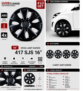 Opel Uyumlu 16 Inç Kırılmaz Parlak Siyah Jant Kapağı 1 Takım 4 Adet No:417