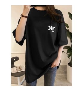 Baskılı Oversize Bisiklet Yaka T-shirt - Siyah