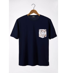Erkek Lacivert Bisiklet Yaka Cepli Oversize T-Shirt 22Y-3400762-22
