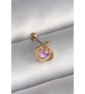 316L Çelik Gold Renk Pembe Mineli Kalp Zirkon Taş Detay Tragus Piercing