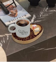 BK Gift Kişiye Özel Retro Motif Tasarımlı Doğal Ahşap Tabaklı Türk Kahvesi Fincanı Sunum Seti Model 13