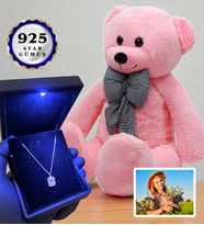Size Özel Fotoğraflı Set Işıklı Kutusunda 925 Ayar Gümüş Kolye ve 80cm Pembe Ayıcık (Model 3)