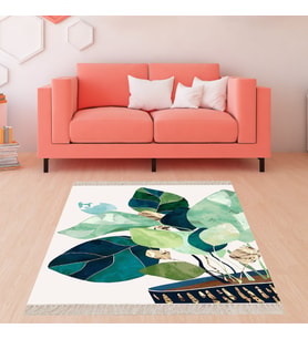 Yaprak Desenli Dijital Baskı Yıkanabilir Kaymaz Taban Modern Salon Halısı Yolluk (Yeşil)