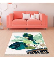 Yaprak Desenli Dijital Baskı Yıkanabilir Kaymaz Taban Modern Salon Halısı Yolluk (Yeşil)