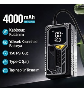 Taşınabilir Kablosuz Hava Kompresörü 150 PSI Lastik Şişirme Pompası 4000 mAh Powerbank LED Işıklı Dijital Ekran (Siyah)