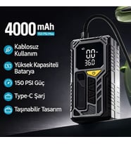 Taşınabilir Kablosuz Hava Kompresörü 150 PSI Lastik Şişirme Pompası 4000 mAh Powerbank LED Işıklı Dijital Ekran (Siyah)
