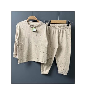 Kız Çocuk Üzeri Papatya Desenli Fitilli Krem Pijama Takımı