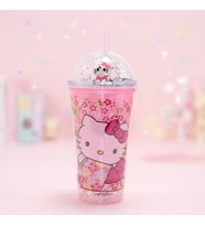 Hello Kitty Figürlü Pipetli Şeffaf Plastik Bardak – Simli Kapaklı Kawaii Tasarım İçecek Bardağı (Pudra Pembe)