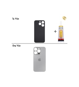 iPhone 15 Pro Naturel Titanyum Arka Kapak Arka Cam Batarya Kapağı Lazer Kesim Kapak Pil Kapağı + B-7000 Yapıştırıcı