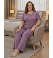 Derya Kadın Bambo Büyük Beden Düğme Yaka İnce Kısa Kol Pijama Takımı 7943 - 1 Adet