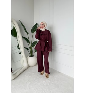 Sophie Model Bel Kemer ve Düğme Detaylı Kadın Takım Bordo