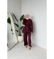 Sophie Model Bel Kemer ve Düğme Detaylı Kadın Takım Bordo