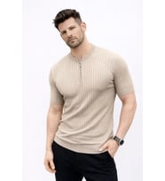Erkek Kısa Kol Fitilli Triko T-Shirt Yazlık Hakim Yaka Tişört - Bej