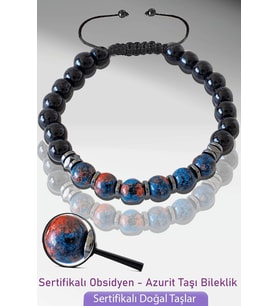  Sertifikalı Gerçek Doğal Obsidyen - Azurit Taşı Bileklik - Ayarlamalı (Çok Renkli)