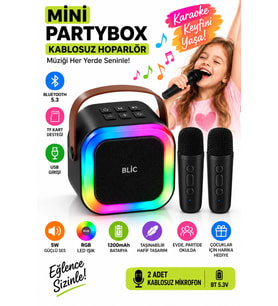 Blic BLS-97 Siyah Partybox Çift Kablosuz Mikrofonlu RGB LED Işıklı Taşınabilir Bluetooth Hoparlör