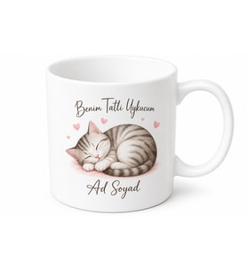 Benim Tatlı Uykucum Uyuyan Kedi Kalp Çizimli Sevgiliye Şirin Kedi Kupa Hediye Bardak